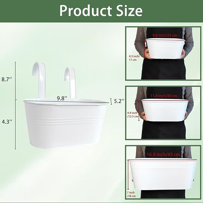 10" Hanging Flower Pots, Pack of 2 White Metal Outdoor Patio Balcony Planter, Railing Planters Fence Pot with Detachable Hook & Drainage Hole for Small Plants (White, 2Pcs)-HomvellaHome