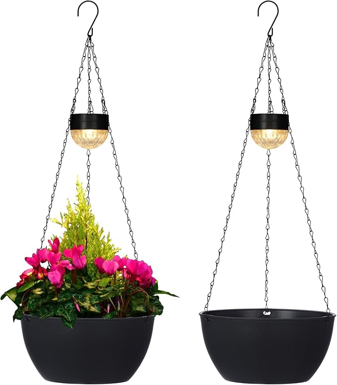 2 Packs Solar Hanging Basket Planters for Plants Outdoor, Self Watering Black Flower Plants Pots with Solar Light Drainer for Balcony Patio Garden Outdoor Decoration-HomvellaHome