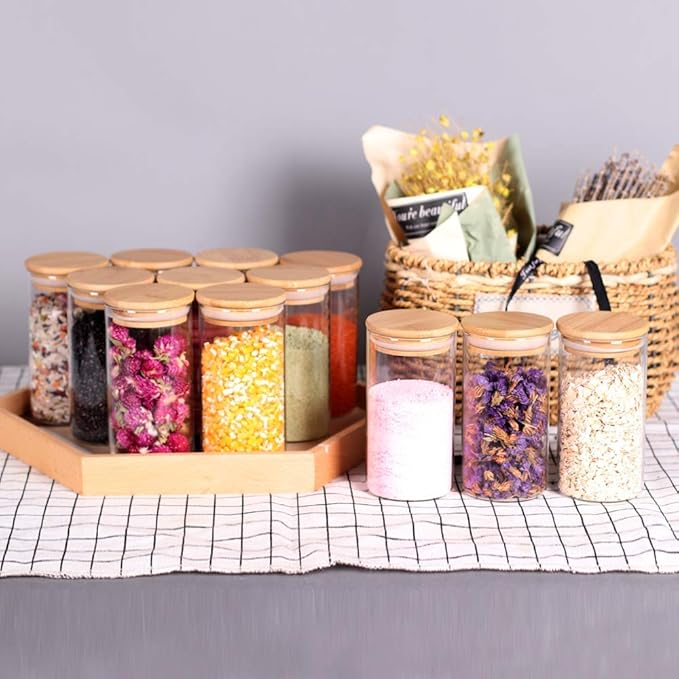 12 Pcs Glass Spice Jars - 8.5oz Empty Small Glass Bottles with Bamboo Airtight Lids and Labels - Thicken Seasoning Spice Containers for Kitchen Organization and Storage…-HomvellaHome