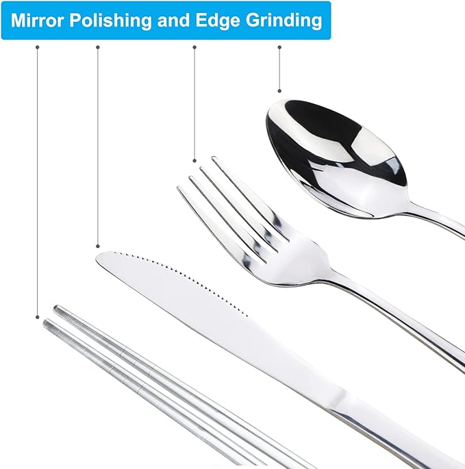 10PCS Portable Silverware Set with Case, Lengnoyp Travel Camping Utensils Set, Premium Stainless Steel Travel Cutlery Set, Reusable Safe Flatware Sets for Lunch Box/Workplace/Students, Silver-HomvellaHome
