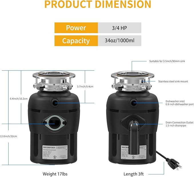 Garbage Disposal 3/4 HP for Kitchen sink Quiet with Stopper Power Cord, Easy install, Continuous Feed Food Waste Disposer Stainless Steel Grind 0.75 Horsepower AC Motor Unit (MAX-4)-HomvellaHome
