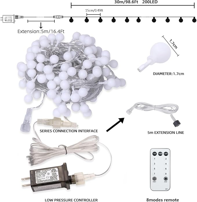 Globe String Lights Plug in 116 Ft. 200 LED 8 Modes with Remote,Waterproof Fairy String Lights for Indoor Outdoor Bedroom Party Wedding Garden Christmas Tree Decor,Warm White-HomvellaHome