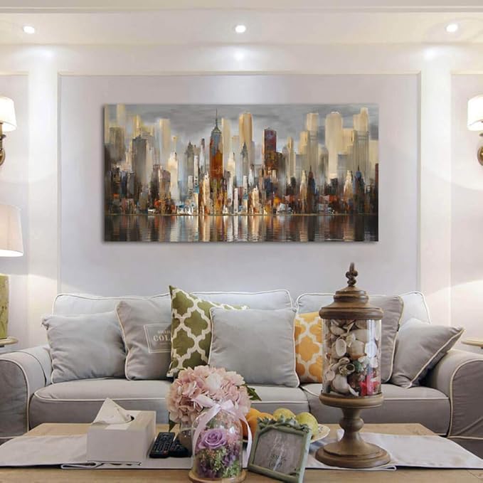 Framed Wall Art Large Cityscape New York Wall Decor Canvas Prints Abstract Brown City Theme Paintings Modern Canvas Wall Art for Living Room Bedroom Big Size 24x48 Framed-HomvellaHome