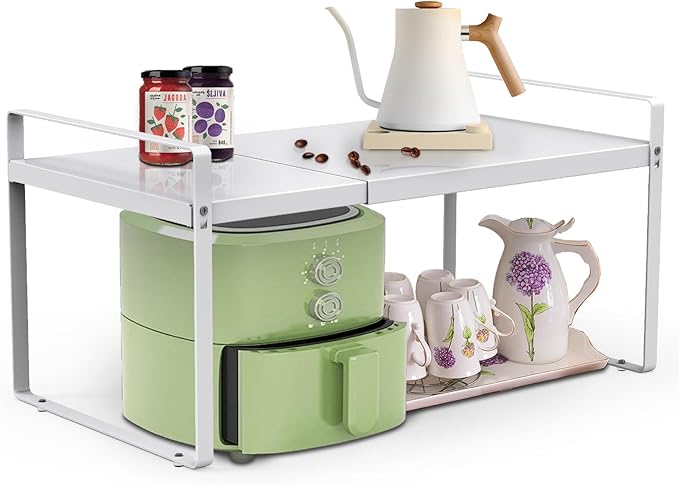 11'' Wide Expandable Cabinet Shelf Organizer Rack Adjustable Length 14''-26'' Pantry Shelf Spice Rack Heavy Duty Nonslip Kitchen Counter Storage Shelves Pantry Cupboard Under Sink Countertop White-HomvellaHome