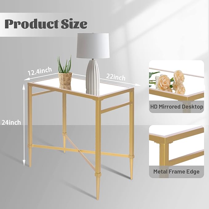 Gold End Table, Rectangle Side Table with Mirrored Top, Modern Metal End Table, Small Narrow Side Table for Living Room, Balcony, 22" L x 12.4" W x 24" D-HomvellaHome