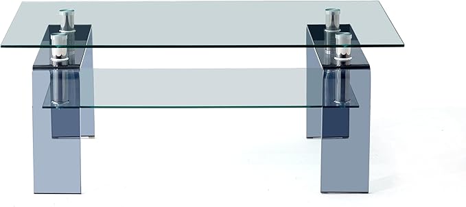 Glass Coffee Table Rectangle Living Room Center Table with Storage, Clear Tempered Glass Tabletop and Smoke Grey Leg,for Living Room and Office (Clear+Smoke)-HomvellaHome