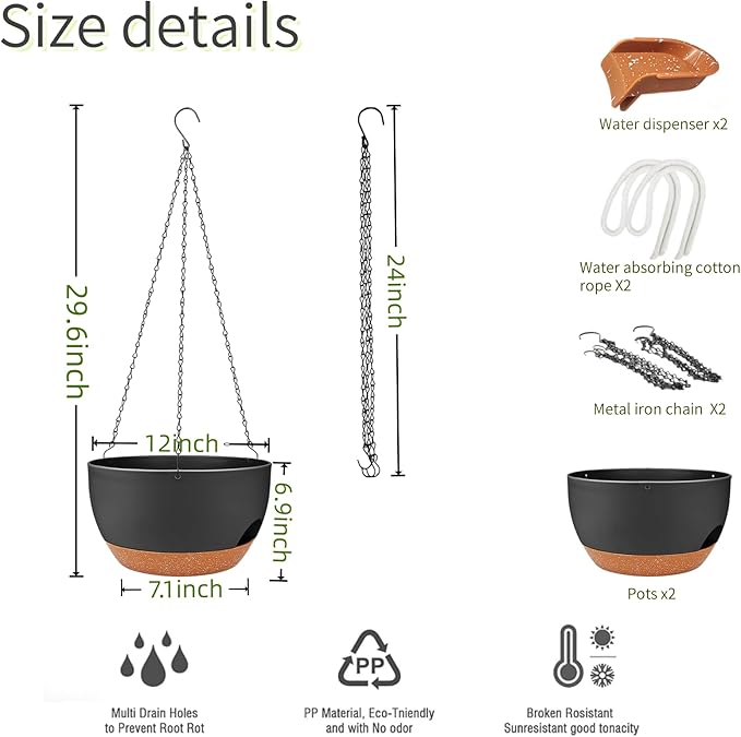 2 Pack Hanging Planters for Indoor Outdoor Plants, 12 Inch Self Watering Hanging Pot with Drainage Holes and Saucer, Plastic Plant Pots, Black Brown Flower Pots for Kitchen, Balcony, Garden-HomvellaHome