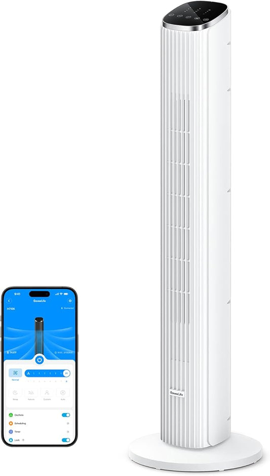GoveeLife White Tower Fan for Bedroom, 36" Smart Floor Fan with App/Voice Control, Temperature Sensor, 5 Modes 8 Speeds(25ft/s), 29dB Quiet Oscillating Fan for Office, 24H Timer, Auto Cooling-HomvellaHome