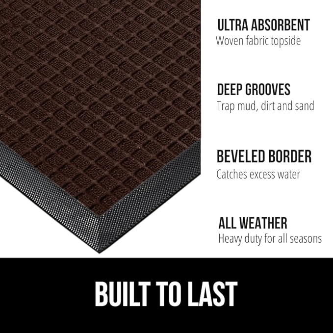 GORILLA GRIP 100% Waterproof All-Season WeatherMax Doormat, 60x24, US Designed Natural Rubber, Stain and Fade Resistant, Low Profile Indoor Outdoor Door Mats, Easy Clean Patio Mat, Coffee Squares-HomvellaHome