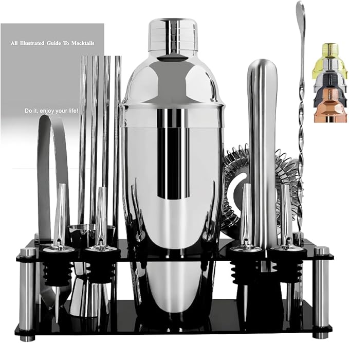 14-Piece Cocktail Shaker Set Bartender Kit with Black Stand, Bar Tool Set for Drink Mixing Bartending Kit Bar Sets Accessories: 750ml(25oz) Shaker, Jigger, Muddler, Cocktail Recipes (Silver)-HomvellaHome