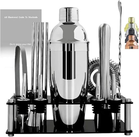 14-Piece Cocktail Shaker Set Bartender Kit with Black Stand, Bar Tool Set for Drink Mixing Bartending Kit Bar Sets Accessories: 750ml(25oz) Shaker, Jigger, Muddler, Cocktail Recipes (Silver)-HomvellaHome