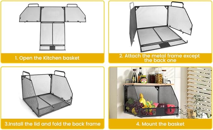 1 SET Large fruit basket for kitchen counter-stackable basket with Bamboo Tops & Tag,hanging wall baske,for Cabinet Shelf Countertop pantry storaget, onion potato Vegs Bread Food Organizing Bin,BLACK-HomvellaHome