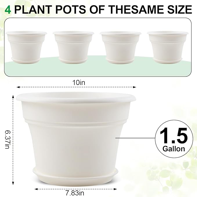 10 Inch Plastic-Flower-Pot-for-Indoor-Plants, 4 Pack Large Outdoor Planter Pot with Drainage Holes & Saucers, Resin Decorative Garden Pots Planters-HomvellaHome