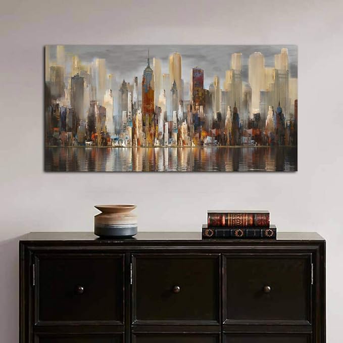 Framed Wall Art Large Cityscape New York Wall Decor Canvas Prints Abstract Brown City Theme Paintings Modern Canvas Wall Art for Living Room Bedroom Big Size 24x48 Framed-HomvellaHome