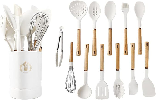 13-Piece silicone utensil set wood handle nonstick cookware safe dishwasher safe kitchen tools BPA free heat resistant (450°F/230°C) ceramic pan safe cooking gifts housewarming (White)-HomvellaHome