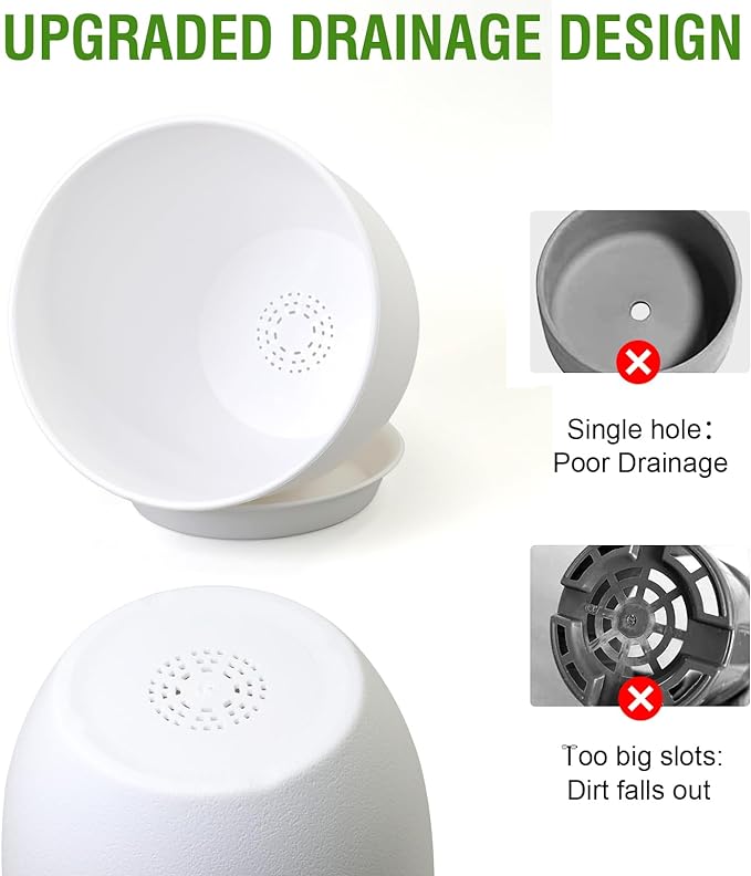 10/9/8 inch Medium Flower Pots, 3 Pack Modern Decorative Plastic Planters with Drainage Holes and Tray, Plant Pots for Indoor Outdoor Plants, White-HomvellaHome