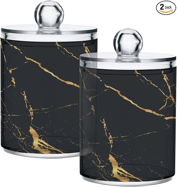 2 Pack Qtip Holder Organizer Dispenser Gold Black Marble Texture Bathroom Storage Canister Cotton Ball Holder Container for Cotton Pads/Swabs/Floss-HomvellaHome