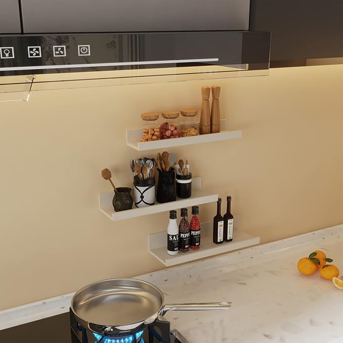 Giftgarden 16 Inch Floating Shelves Wall Mounted, Creamy White Beige Wood-Grain Wooden Ledge Shelf for Bathroom Bedroom Living Room Kitchen Nursery, Set of 3 Different Sizes-HomvellaHome