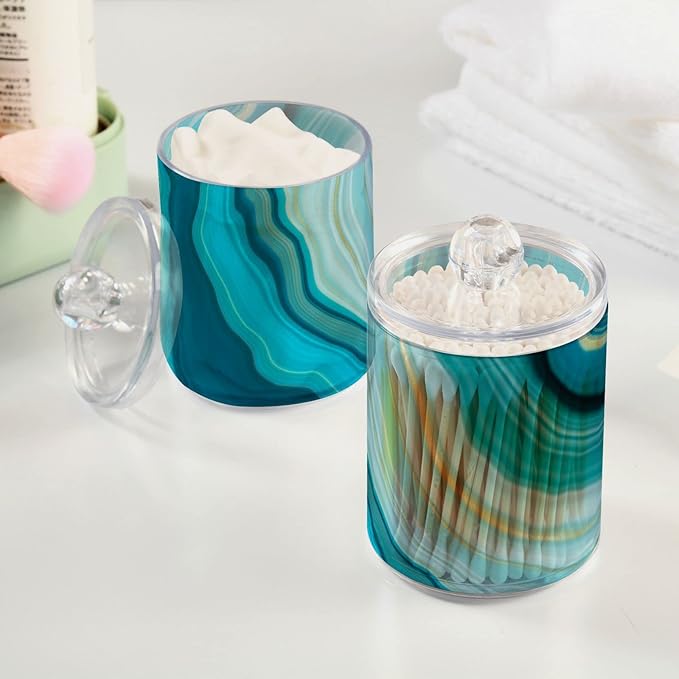 2 Pack Qtip Holder Dispenser Teal Turquoise Blue Marble Bathroom Storage Canister Lid Acrylic Plastic Apothecary Jar Set Vanity Makeup Organizer for Cotton Swab/Ball/Round Pads, Floss-HomvellaHome