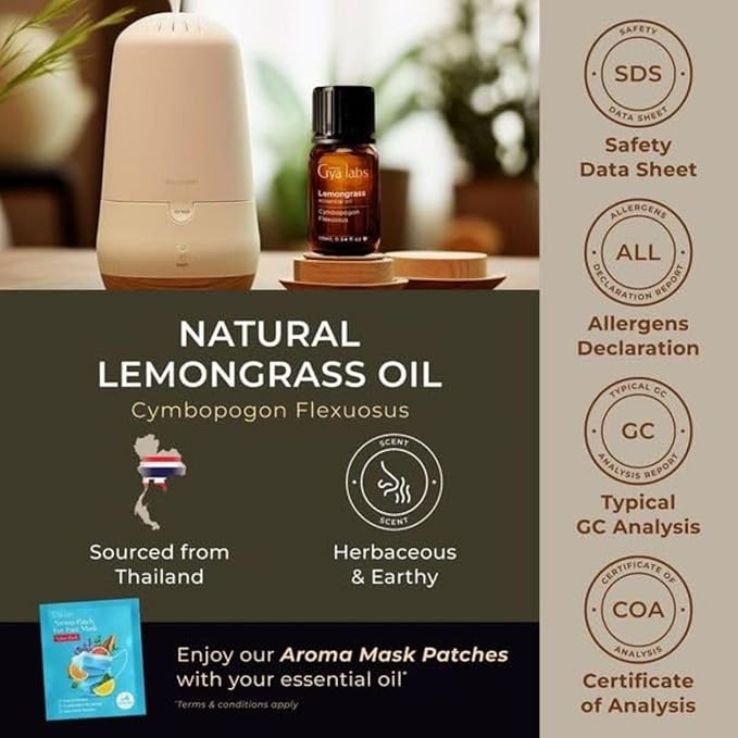 Gya Labs Lemongrass Essential Oil for Diffuser - 0.34 Fl Oz - 100% Pure Natural - Lemongrass Oil for Hair, Skin, Herbaceous, Candle Making Scent-HomvellaHome
