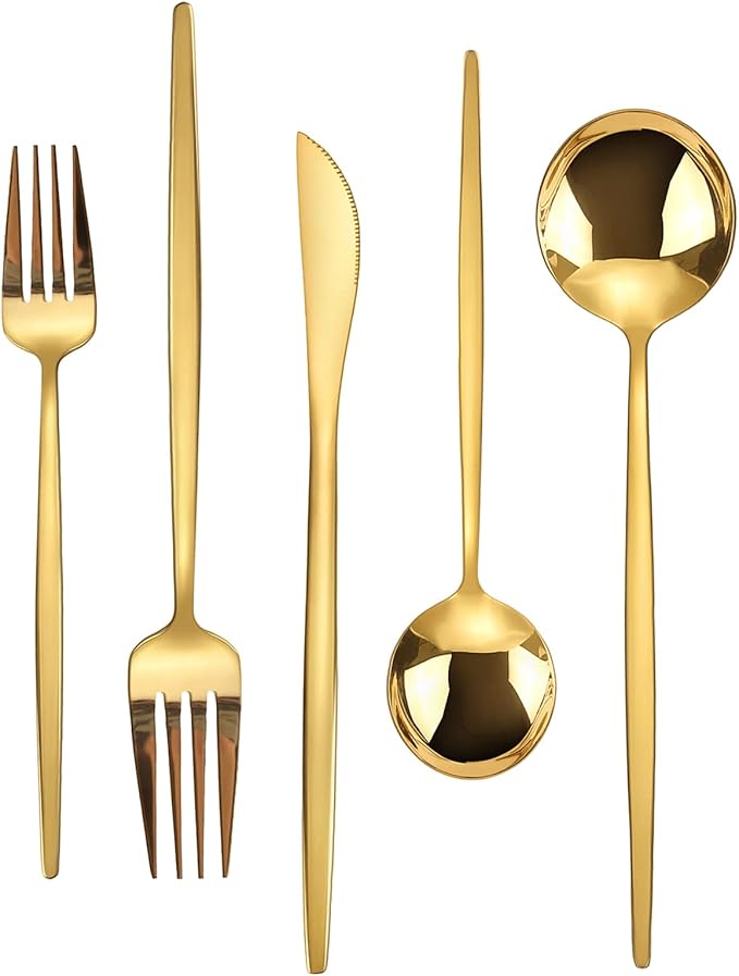 Gold Silverware Set, KassKa 40 Pieces Flatware Cutlery Set, Stainless Steel Utensils Set Spoon Fork Knives Set for Home Restaurant and Kitchen, Mirror Polished Finished, Service for 8-HomvellaHome