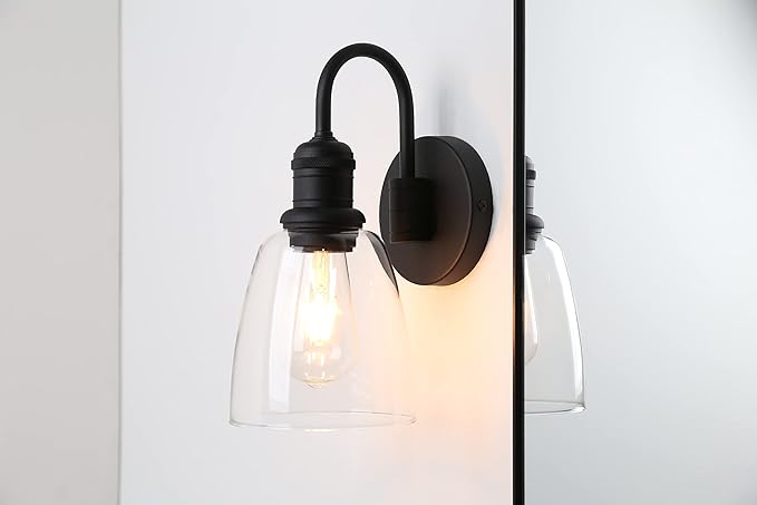 1-Light Vintage Wall Sconce, Yosoan Black Industrial Fixture Light with Elegant Gooseneck Curved Rod, Indoor Clear Glass Shade Wall Lamp Lighting for Bathroom Porch Kitchen Living Room Restaurant-HomvellaHome