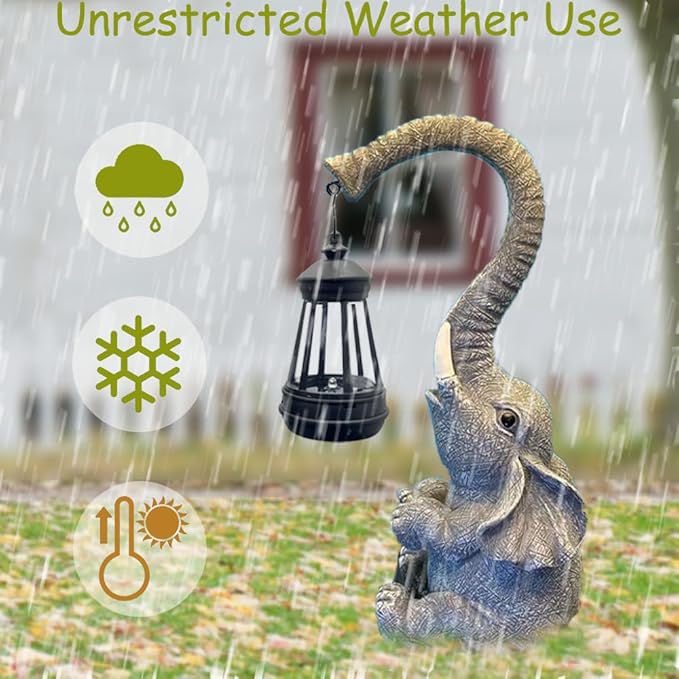 10.6 Inch Statue Elephant with Solar Outdoor Lights for Garden Decor，Lucky Present with Appeal for Birthdays(Man and Women and Family)，Unique Housewarming Presents and Yard Decor. (Gray)-HomvellaHome
