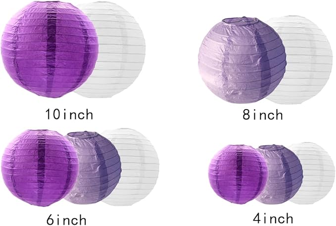 Paper Lanterns Decorations,Paper Hanging Decorations Ball Lanterns Lamps for Birthday Parties, Bridal Showers, Baby Showers, Wedding, Mermaid Party（10 Pcs,4 in/6 in/8 in/10 in,Purple/White）