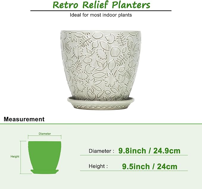10inch Retro Ceramic Planter with Drainage Hole and Saucer for Multiple Plants, Indoor-Outdoor Garden Pots for Succulent, Orchid, and Flower (Fits Inner Pots Up to 9 Inch, Retro White)-HomvellaHome