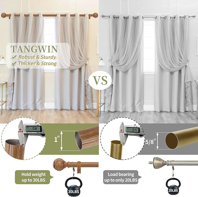 2 Pack Wood Curtain Rods for Windows 66 to 120 Inch,1 Inch Adjustable Curtain Rod Set,Heavy Duty Curtain Rods,Wooden Netted Texture Drapery Rods,Single Window Curtains Rods 66-120",Brown Wood-HomvellaHome