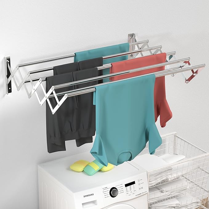 Guevara Wall Mounted Clothes Drying Rack,Stainless Steel Foldable Drying Rack for Laundry Room/Bathroom Tower，Easy to Install 31-inch Rod, 120 lbs Large Capacity- Indoor and Outdoor Use-HomvellaHome