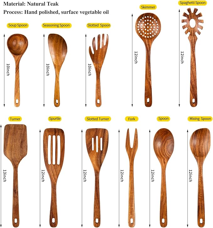GUDAMAYE 11 PCE Wooden Spoons for Cooking, Wooden Kitchen Utensils Set,Wooden Cooking Utensils,Natural Teak Wooden Spoons For Non-stick Pan-HomvellaHome