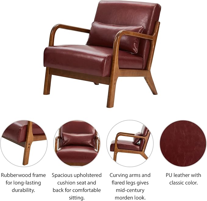 Glitzhome 30.75" H Mid Century Red Accent Armchair, Single Reading Armchair PU Leather Lounge Chair with Walnut Ruberwood Frame-HomvellaHome