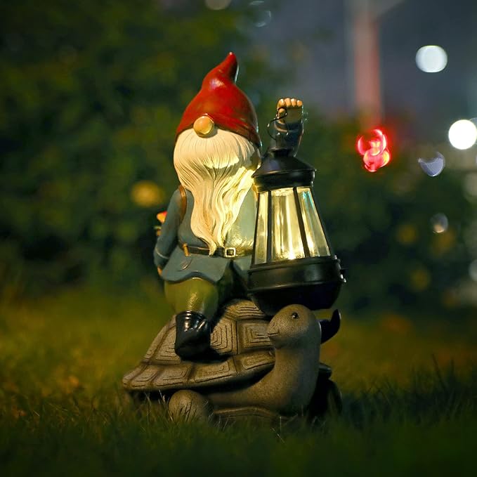 Gnome and Turtle Garden Decor, Large Outdoor Garden Sculptures & Statues, Outside Patio Yard Lawn Decorations, Housewarming for Women, Mom, Grandma with Solar Lantern-HomvellaHome