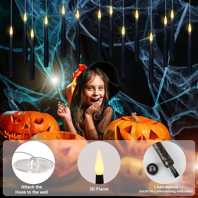 GenSwin 22pcs Flameless Floating Candle with Magic Wand Remote Timer, Battery Operated Hanging Window Candles Flickering, 6.1" LED Electric Candles for Christmas Halloween Decorations(Black)-HomvellaHome