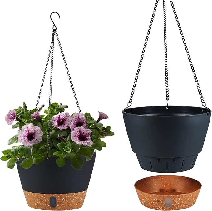 2 Pack Hanging Planters for Indoor Outdoor Plants, 10 Inch Hanging Flower Pot Basket with Drainage Hole with Removable Tray&Hooks Self Watering Plant Pot for Hanging Plants, Dark Grey-HomvellaHome