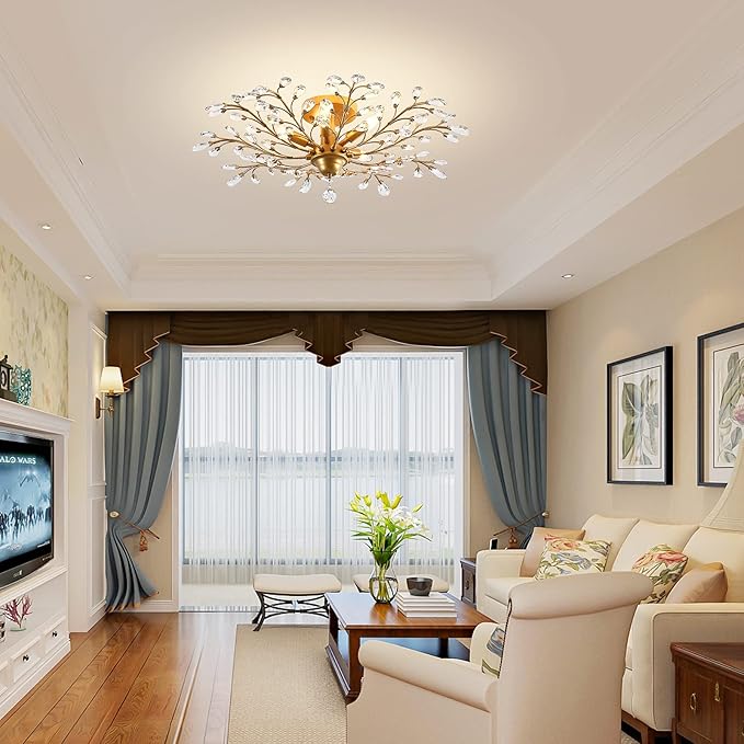 Ganeed Crystal Chandeliers,Vintage K9 Clear LED Ceiling Lighting,Edison Pendant Light Flush Mounted Fixture with 5 Light for Living Room Dinning Room Restaurant Porch Hallway (Gold)-HomvellaHome