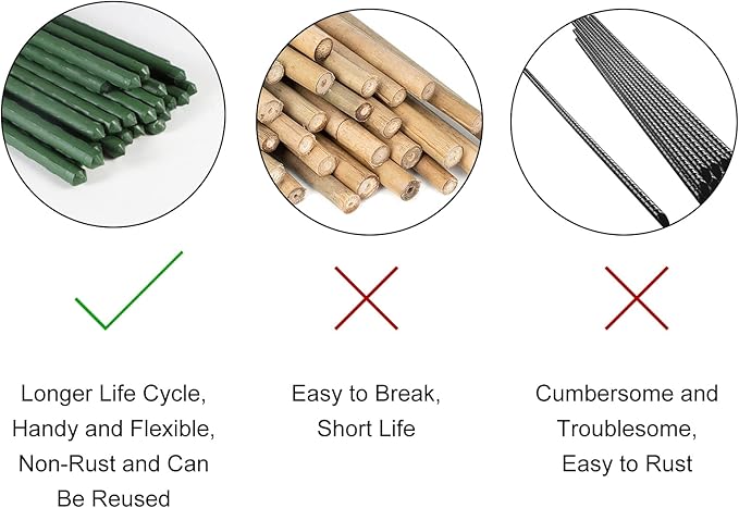 Garden Plant Stakes 57 Inch (Approx 5Ft) Steel Plant Stick Support, 25 Pack Tomato Stakes for Growing Climbing Plants, Potted Plants, Tomatoes, Trees, Cucumber, Beans, Fences Poles-HomvellaHome