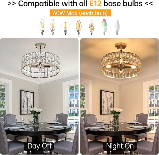 16” 4-Light Modern Crystal Chandeliers Nickel Dinning Room Light Fixture, Round Pendant Light Kitchen Island Chandelier, Flush Mount Ceiling Light for Living Room Entryway Bedroom Foyer-HomvellaHome