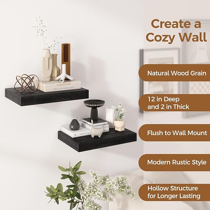 12 Inch Deep Black Floating Shelves, 16 x 12 Floating Shelf for Books, Rustic Wood Deep Wall Shelves for Home Storage & Display, 2" Thicked Shelves for Kitchen, Living Room, Bedroom, 2 Pack-HomvellaHome