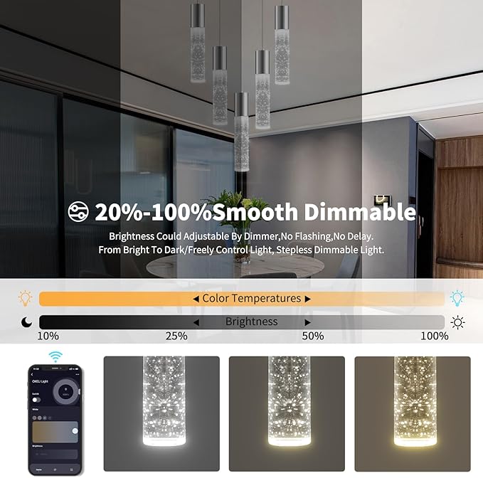 OKELI Smart Dimmable LED 5-Light Pendant Light for Kitchen Island, 18W 1350LM Modern Bubble Crystal Island Light Fixture with TUYA App & Voice Control, Adjustable 3000K-6000K, Electro-Chrome-HomvellaHome