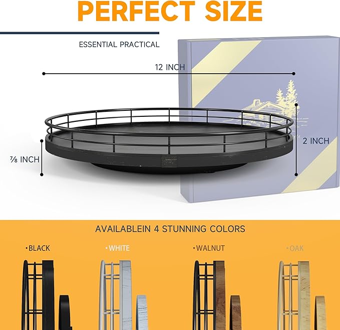 12" Oak Bathroom Vanity Tray Turntable for Perfume Candle, Round Wooden Decorative Tray for Kitchen Sink Countertop Organizer, Bathroom Counter Organizer for Skincare Makeup, Farmhouse Black Gold-HomvellaHome