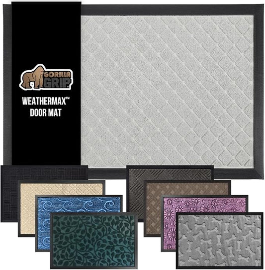 GORILLA GRIP 100% Waterproof All-Season WeatherMax Doormat US Designed Natural Rubber, Stain and Fade Resistant, Low Profile Indoor Outdoor Door Mats, Easy Clean Patio Mat, 23x35, Light Gray-HomvellaHome