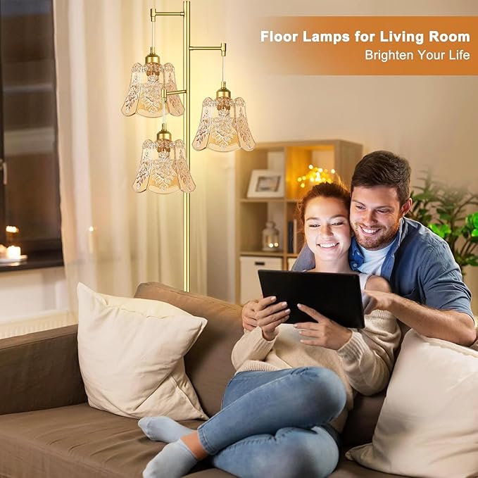 Gold Floor Lamp for Living Room,Bedroom,Tree 3 Light Standing Lamp Mid Century Modern Brass Tall Floor Lamps Vintage Retro Floor Lights Glass Green Flower Lamp Shade Farmhouse Boho Bohemian-HomvellaHome