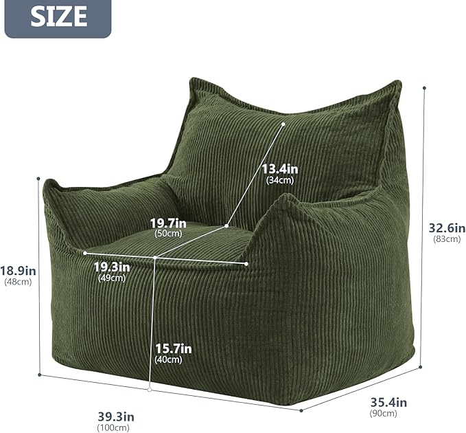 Giant Bean Bag Chair Sofa for Adults Teens, Comfy Corduroy Large Bean Bag Chairs with Armrests for Bedroom Living Room, Adult BeanBag Lazy Sofa Couch Chairs with Filler Included-HomvellaHome