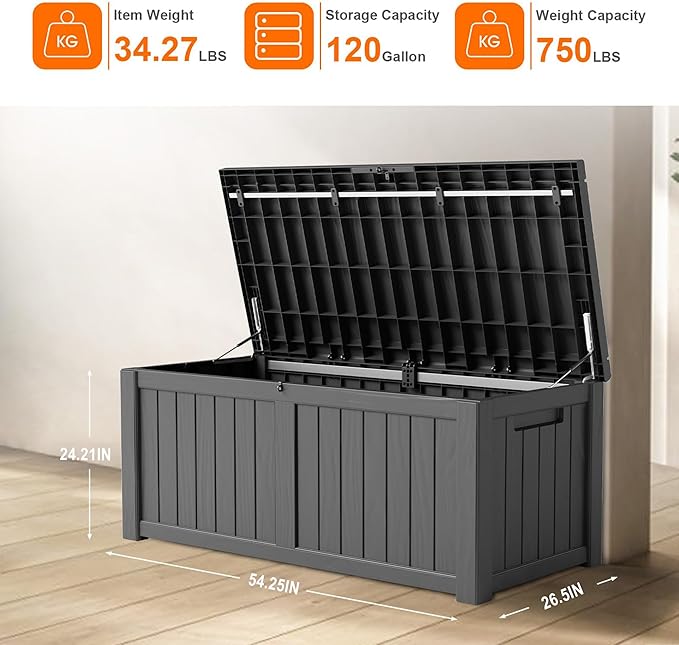 120 Gallon Resin Deck Box, Lockable Patio Outdoor Storage Box for Furniture, Garden Tools and Tools Storage, Waterproof Outside Storage Boxes - Black-HomvellaHome