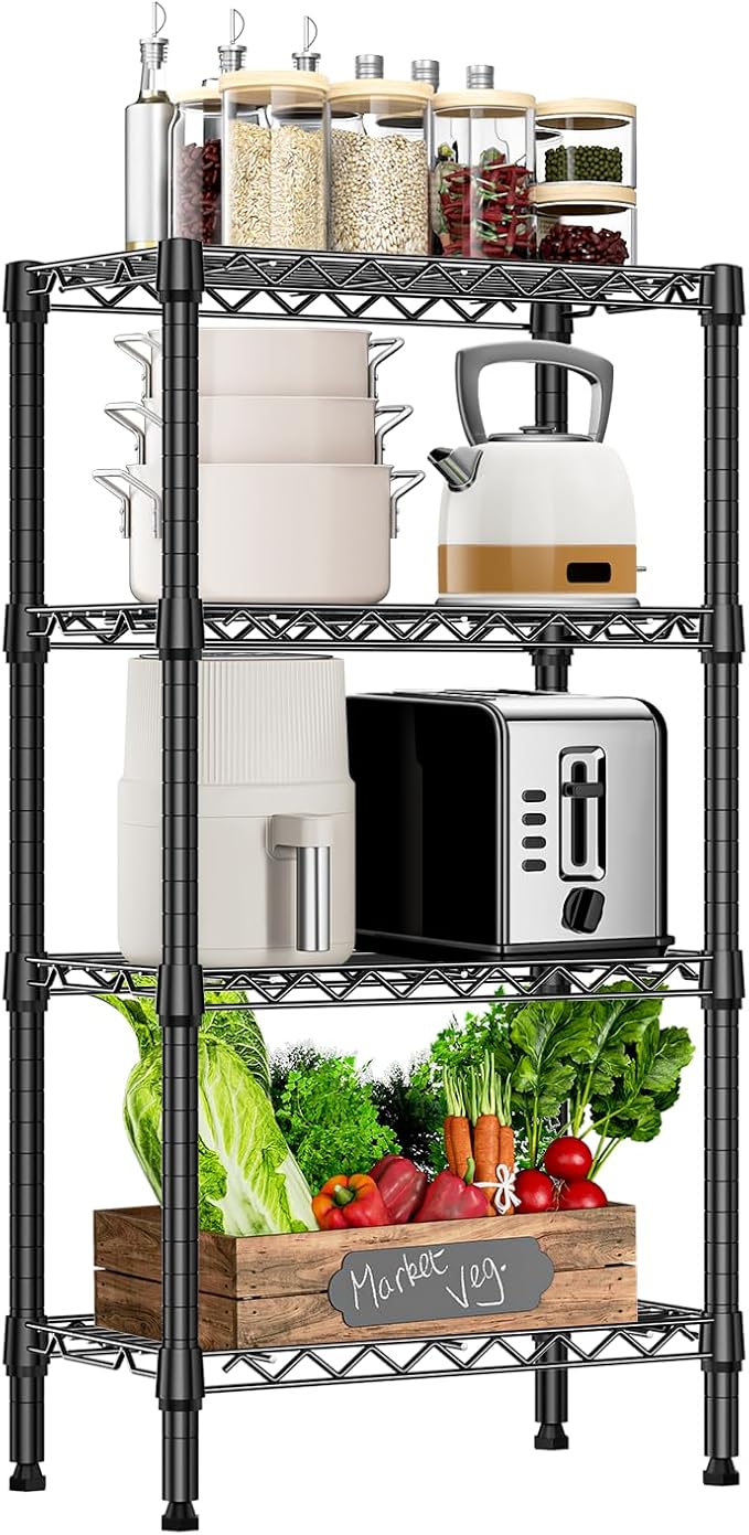 1000 lbs 4 Tier Shelf Metal Storage Shelves Wire Rack Closet Organizers with PP Board for Garage Kitchen Bathroom Laundry Black 11.8" D x 21.7" W x 39.5" H-HomvellaHome