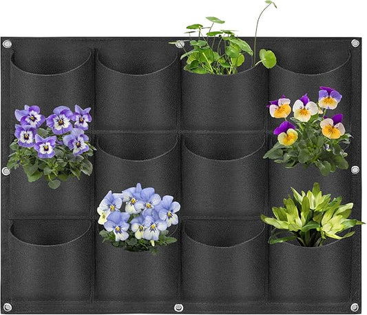 12 Pockets Hanging Planter Bags, Hanging Vertical Wall Mounted Plant Planting Grow Bags, Herb Garden Planter Outdoor Indoor Growing Bag, Gardening Vertical Greening Flower Container(0.6m×0.8m, Black)-HomvellaHome