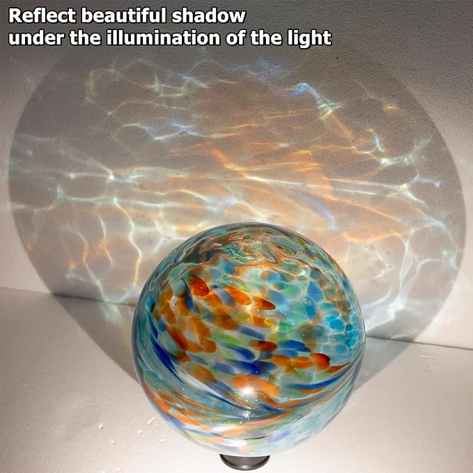 10 Inch Glass Gazing Ball, with 9.4" Tall Metal Gazing Globe Stand, Glass Balls Display Holder Set for Outdoor Garden Lawn Yard Decoration, Blue Artistic-HomvellaHome