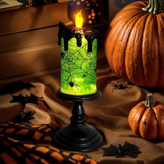 1.Halloween Snow Globe Tornado Flameless Candles Table Centerpiece for Celebration Party,Battery Operated LED Candle with 6 Hours Timer for Home Indoor Halloween Decoration (Spider)-HomvellaHome